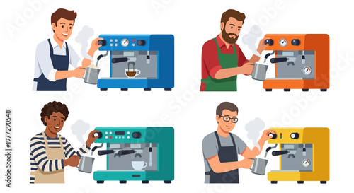 Baristas preparing coffee with colorful espresso machines in a cartoon style