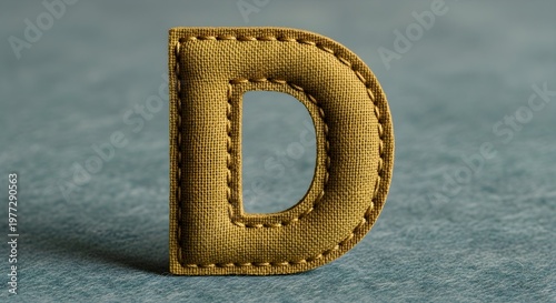 Fabric Letter D with Stitching Detail on Textured Background