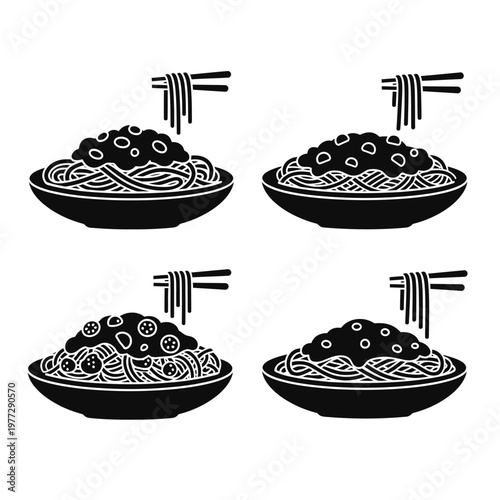 Four Bowls of Noodles with Chopsticks Icons food asian