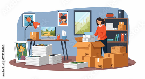 Woman Organizing Office Space with Boxes.