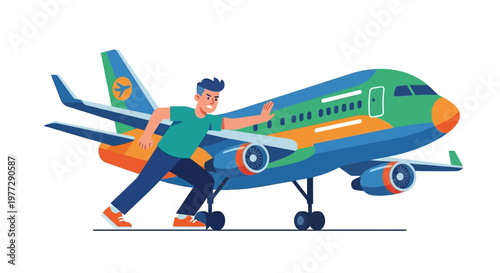 A man frantically attempts to stop a brightly colored airplane taking off