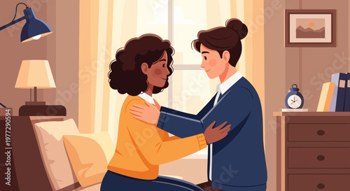 Woman Comforting Young Man in Bedroom.
