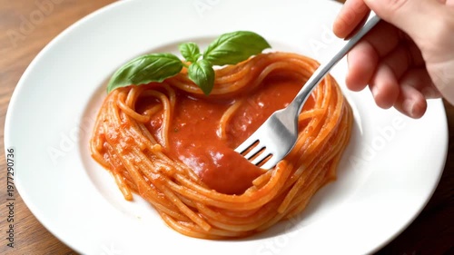Heart-shaped pasta dish with tomato sauce and basil leaves, being eaten