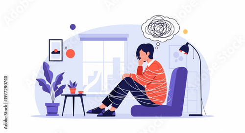 Woman Sitting on Sofa Lost in Thought.