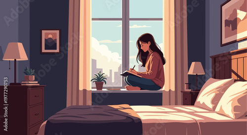 Woman Sitting on Windowsill Reading Book.