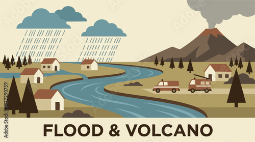 Natural disaster concept with flood from heavy rain and erupting volcano