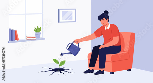 Woman Watering Small Green Plant Illustration.