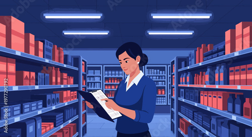 Woman Reading in a Library Aisle.