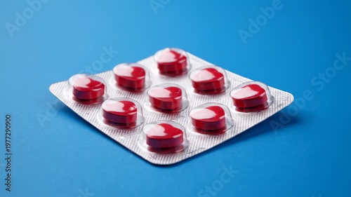 Heart-shaped pills, vibrant red, are neatly packaged in a metallic blister pack against a bright blue backdrop. The packaging is reflective
