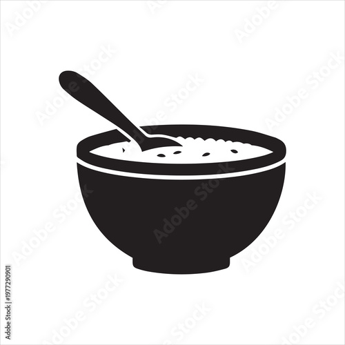 Black and white vector illustration of a bowl with porridge and spoon.