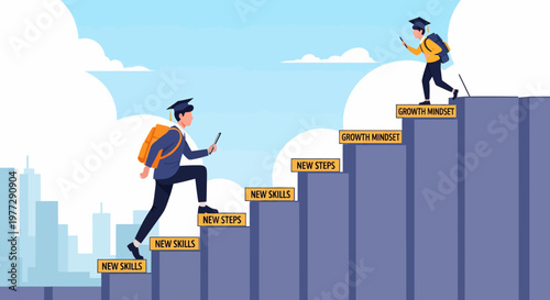 Businessmen Climbing Stairs to Success Together.