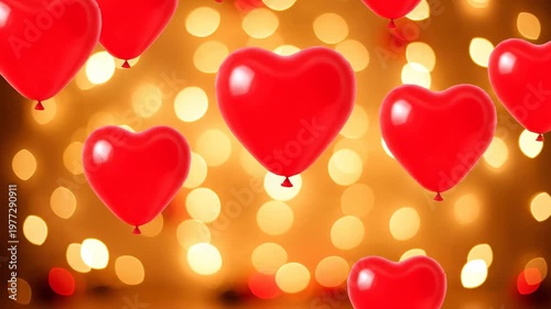Heart-shaped red balloons floating against a bokeh background, representing love
