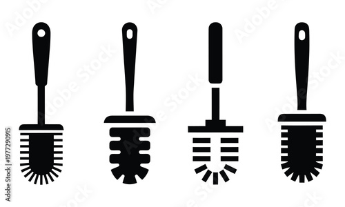 Four Toilet Brush Icons on White Background cleaning