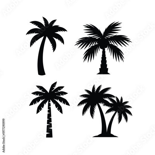 Four Palm Tree Silhouettes on White Background tropical