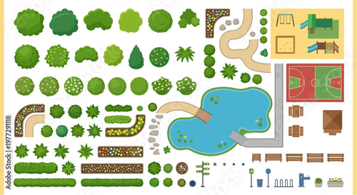 Aerial view of a colorful park with various recreational elements