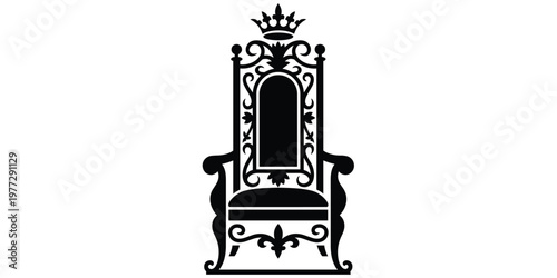 Royal throne silhouette illustration, ornate crown decorative chair artwork, authority prestige power design concept, regal symbol scene, flat vector illustration
