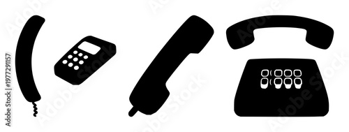 Telephone call icon set with solid black lines on white background featuring call, communication, telecommunications with black and white and vector illustration