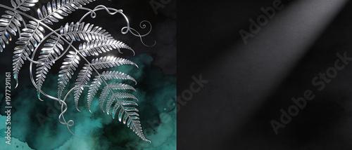 Metallic silver fern frond with swirling vines on dark teal watercolor background. Artistic botanical illustration blending nature and abstract design for decor and prints. banner format