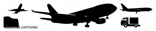 Air freight set with solid black icon silhouette on white background featuring air transport, cargo, logistics with iconography and vector