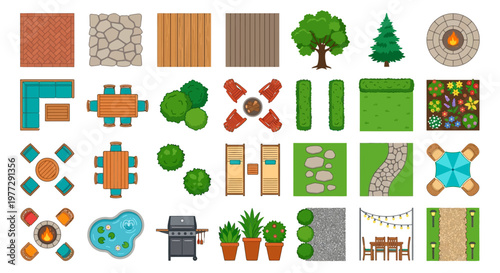 Assorted top down views of outdoor elements furniture landscaping and structures