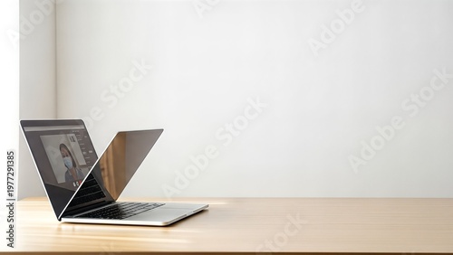 Open laptop displaying a video call on a wooden desk with a white wall background.