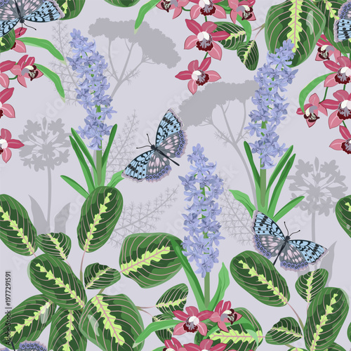 Delicate hyacinths, orchid flowers, and butterflies create a stunning vector illustration 