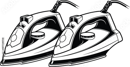 Electric steam iron vector illustration for laundry service and household chores concept featuring two modern irons with power cords for fabric smoothing and garment care.