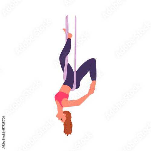 Young woman performing aerial fly yoga exercise in an inverted isolated position on white vector illustration