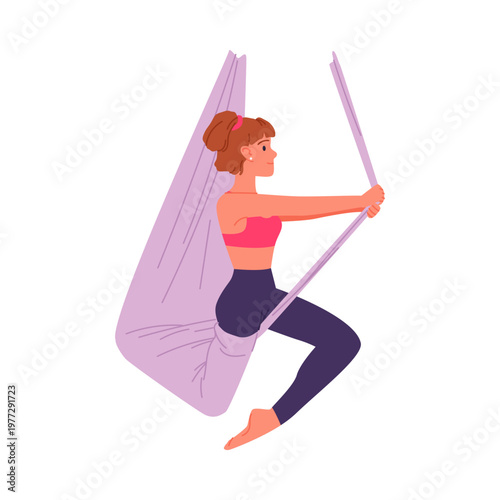 Young woman performing aerial yoga pose using a purple hammock, wearing sportswear, demonstrating flexibility and balance, isolated on white background vector illustration