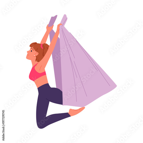 Young woman performing aerial fly yoga exercise on isolated white background vector illustration