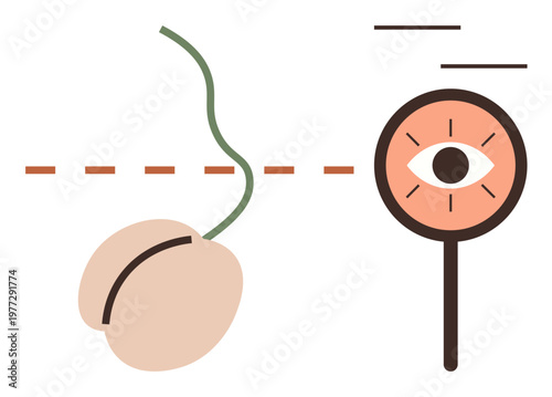 Reproductive health, fertility checks, medical diagnostics, sperm analysis, conceptual healthcare, biological research. Sperm with magnifying glass and eye graphic. Reproductive health and fertility