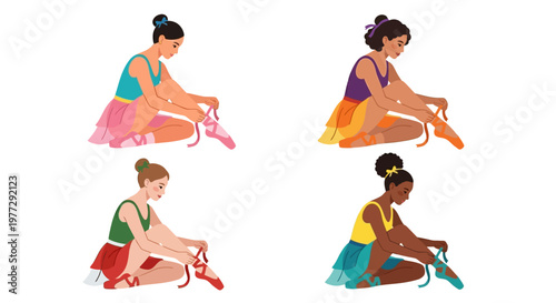 Four diverse ballerinas tying their ballet shoes in a studio setting
