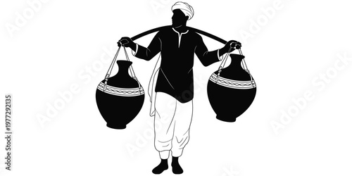 Traditional water carrying silhouette illustration, person with pots artwork, cultural lifestyle vector design, rural daily activity drawing, black and white style