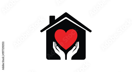 Vector graphic illustration of human hands holding a vibrant red heart inside a black house shape