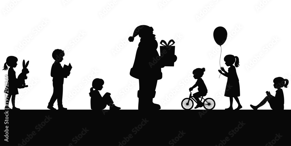 Obraz premium Santa Claus with children silhouette illustration, festive holiday celebration artwork, Christmas gift giving concept scene, joyful seasonal moment, flat vector illustration