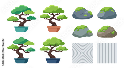 Stylized bonsai trees rocks and decorative elements in a cartoon style