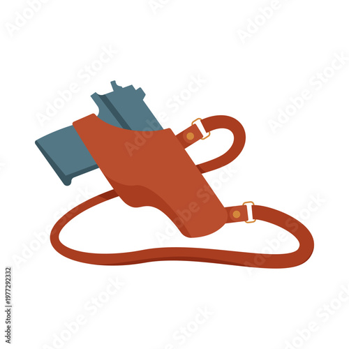 Isolated handgun secured in a brown leather shoulder holster on a white background vector illustration