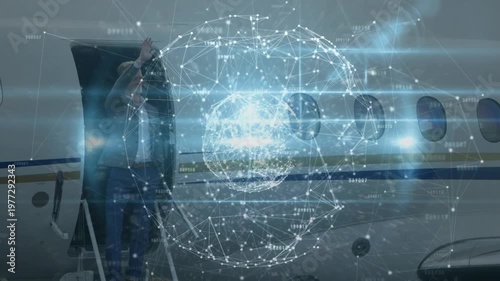 Animation of network of connections over caucasian businessmen on airport