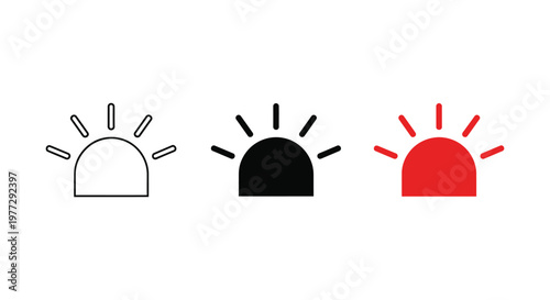 Emergency siren light vector illustration set showcasing outline, black, and red warning beacon icons.