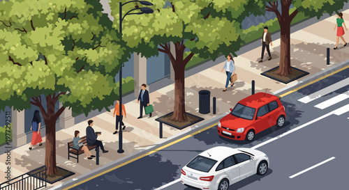 City Street Scene with Cars and Pedestrians.