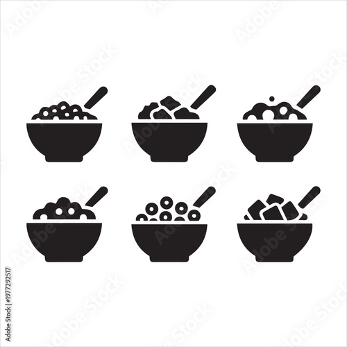 Silhouette cereal bowls with spoons – minimalist breakfast icon set