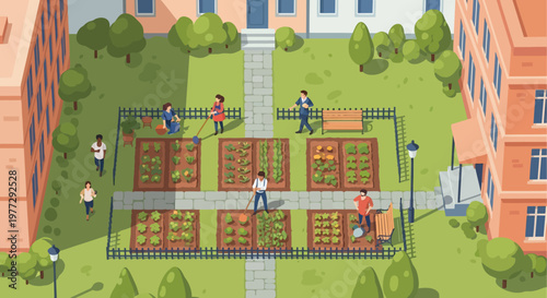 Community Garden Scene with People Gardening.