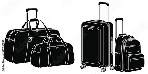 Travel luggage silhouettes with duffel bags, rolling suitcases, telescopic handles, packing comparison concept, vacation journey artwork design, flat vector illustration
