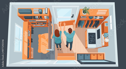 Couple in Modern Loft Living Space Interior.