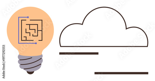 Innovation, technology, data storage, cloud computing, connectivity, problem-solving. Lightbulb with circuit illustration next to cloud symbol. Innovation and technology concepts visually