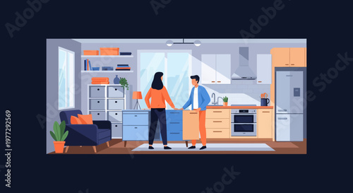 Couple Standing in Modern Kitchen Interior.