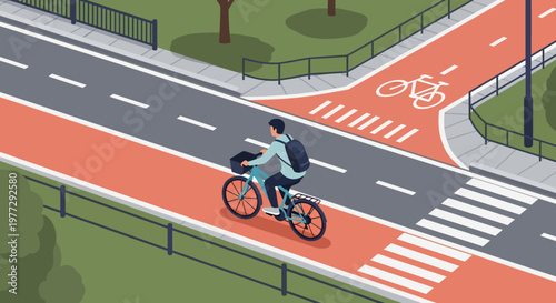Cyclist Riding on Bike Lane Roadway.