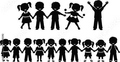 Collection of happy children silhouettes holding hands in a row and group diverse group of young boys and girls for education school and community