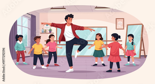 Dancer Teaching Children Ballet in Studio.