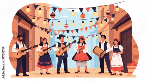 Group of Musicians Playing Instruments Together.